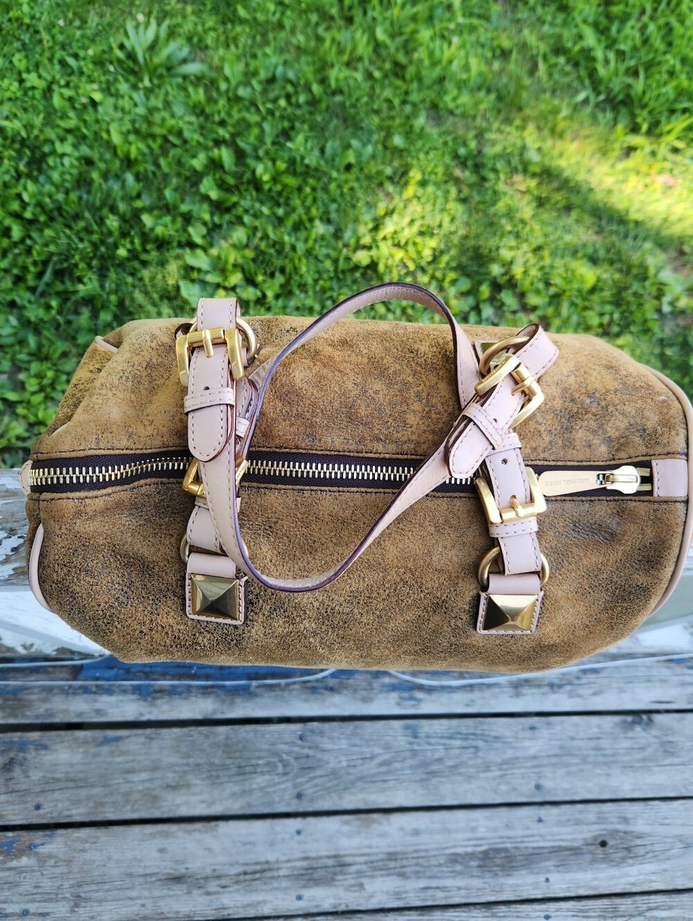 Vintage Michael Kors Edie Distressed Brown Leather Satchel with Gold MK Charm - Picture 5 of 14